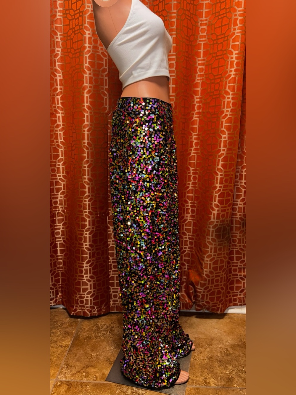 NWT Nasty Gal Rainbow Sequin Wide Leg Trousers Size 6 - Picture 3 of 6
